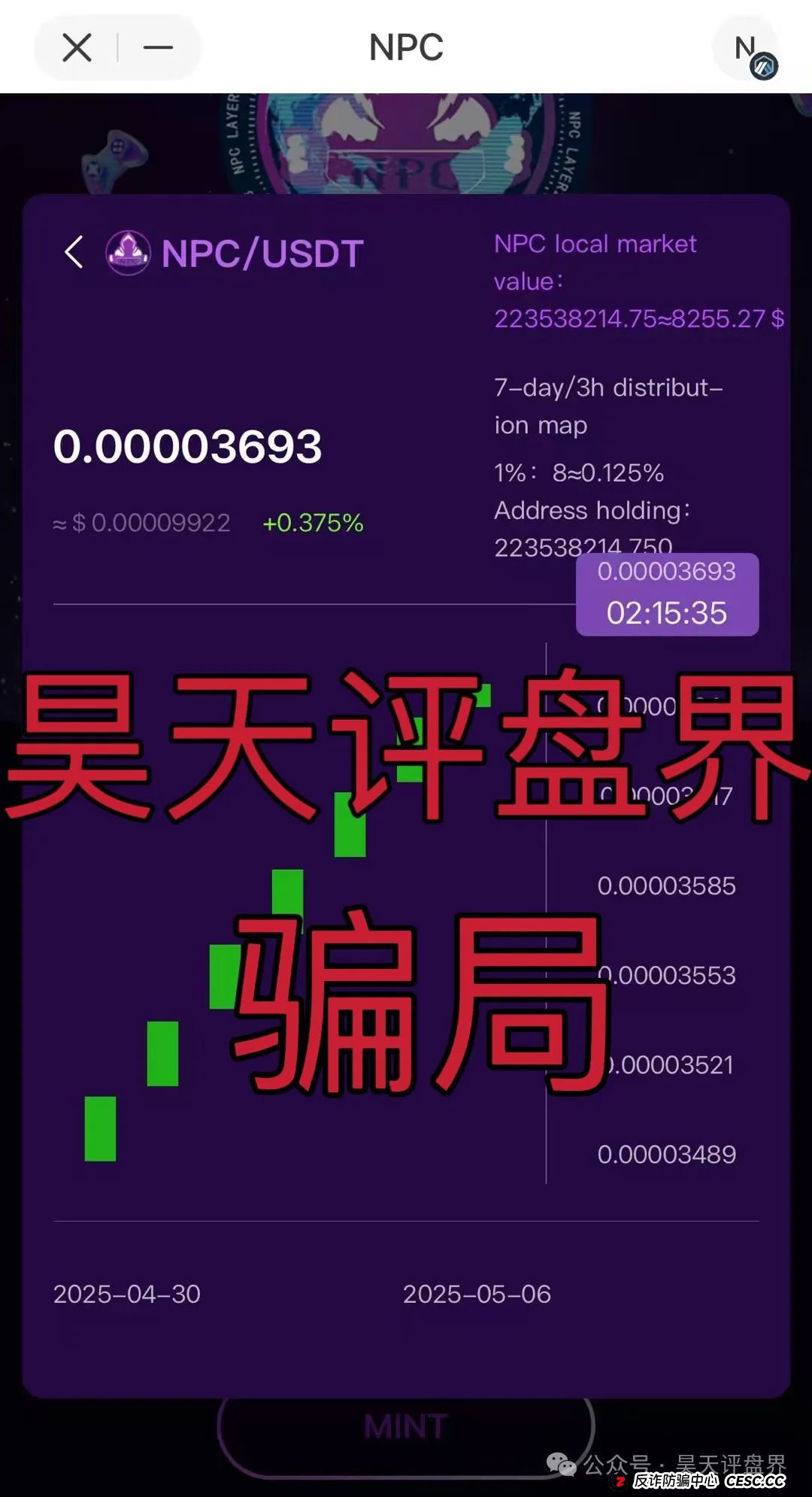 【NPC空气币】分红类资金盘骗局，目前5万会员，操盘手圈钱过亿，高度